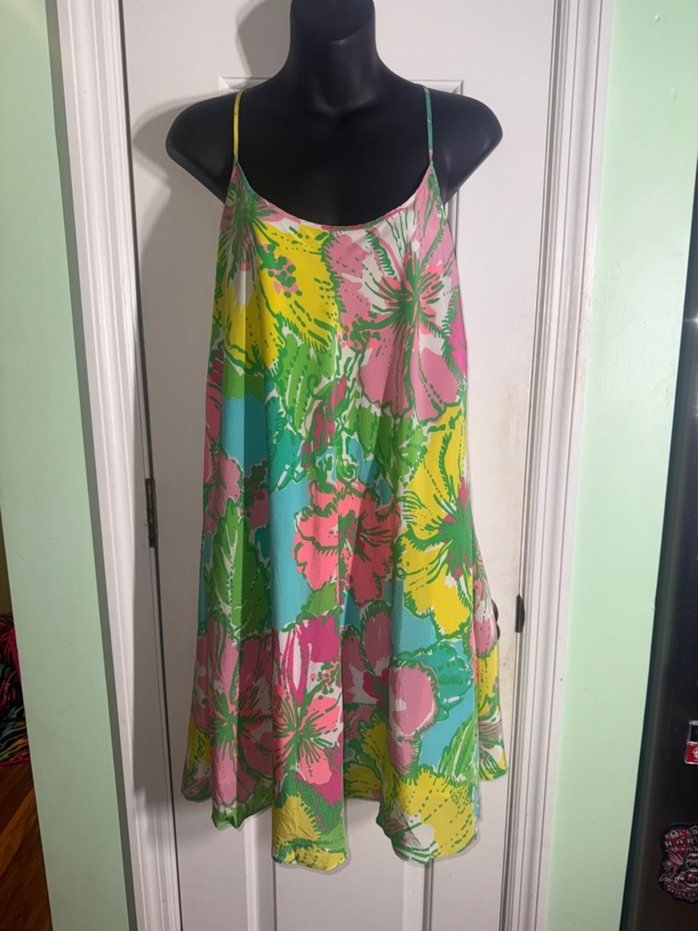 Lilly Pulitzer Tropical Print  Maisy Racerback 100% Silk Slip Swing Dress Size L